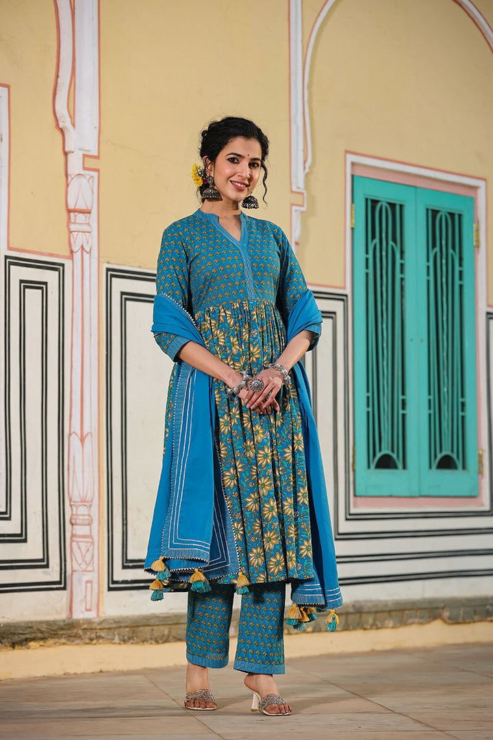 Waani Blue Gathered Suit With Pant And Dupatta