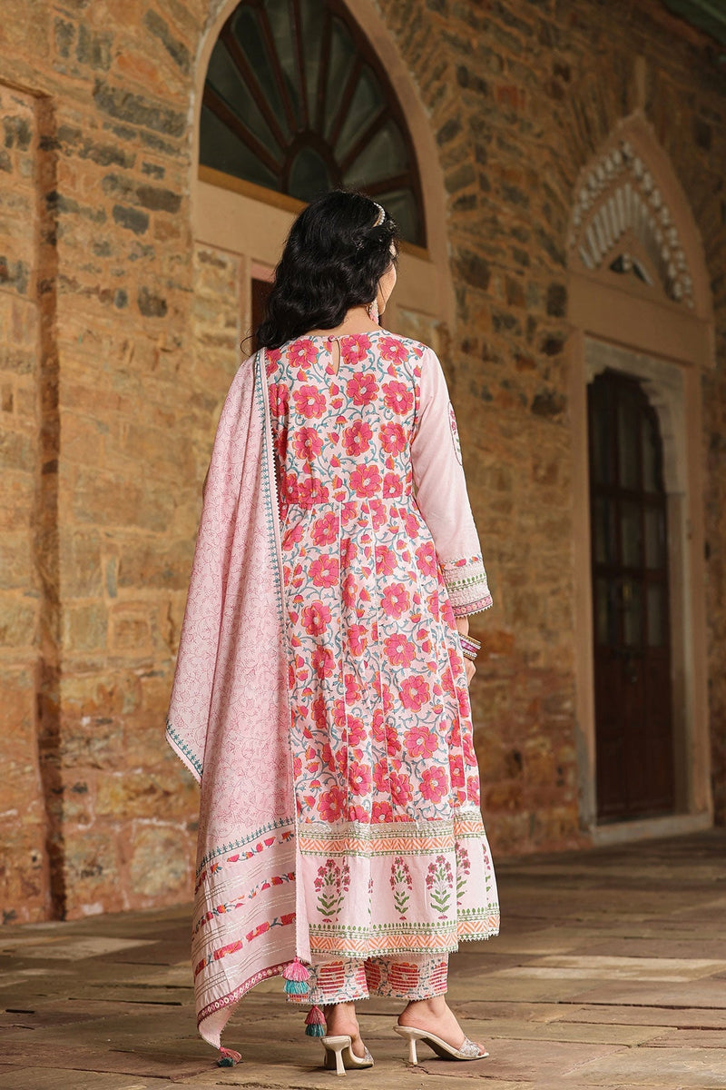 Dhwani Pink  Block Printed Floral Anarkali Suit With Pant And Dupatta