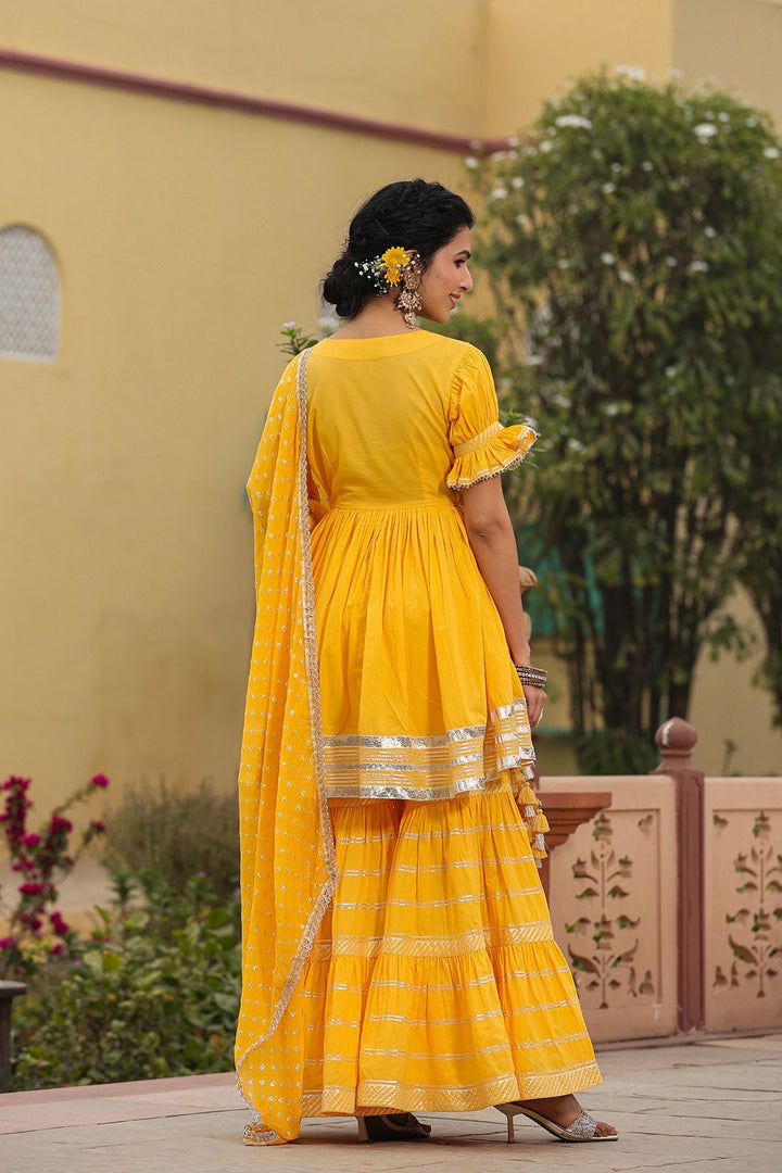 Baawari Yellow Gota Lace Kurta With Sharara And Dupatta