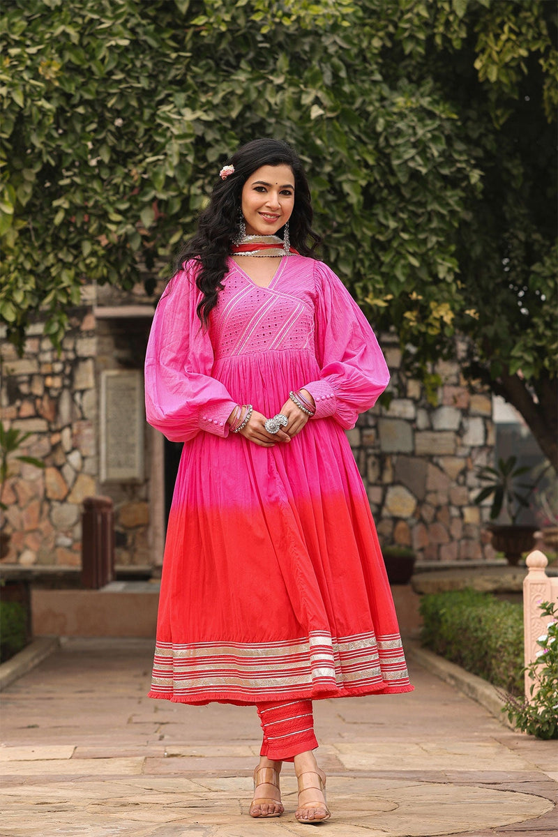 Karvi Red Pink Ombre Long Flared Gota Lace Kurta With Pant & Dupatta