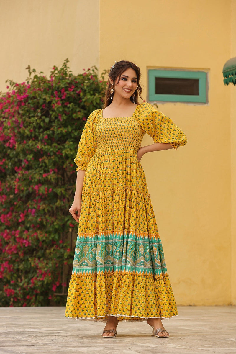 Haseena Block Printed  Tiered Long Dress