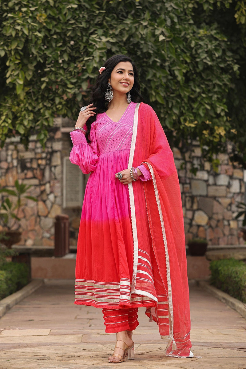 Karvi Red Pink Ombre Long Flared Gota Lace Kurta With Pant & Dupatta