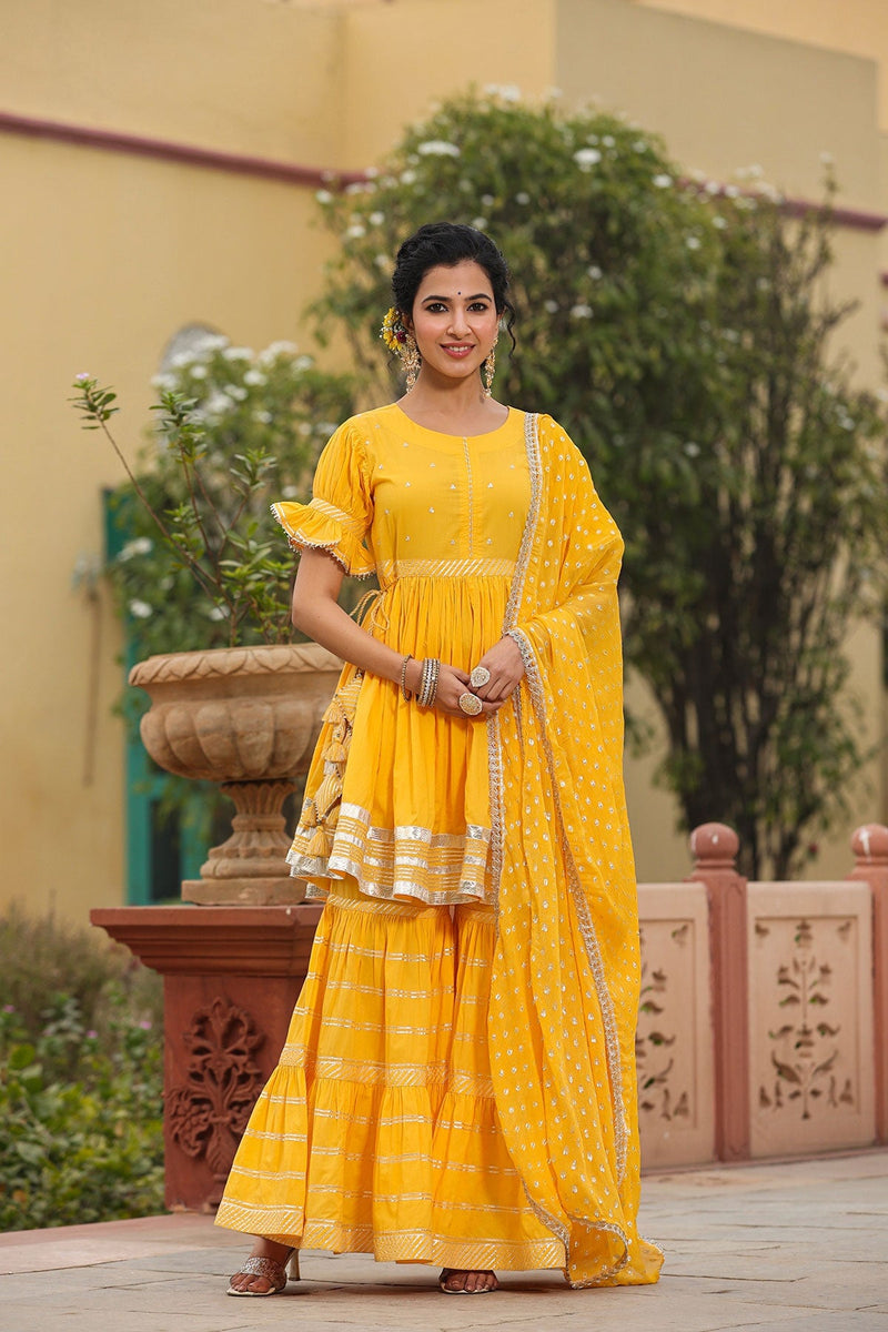 Baawari Yellow Gota Lace Kurta With Sharara And Dupatta