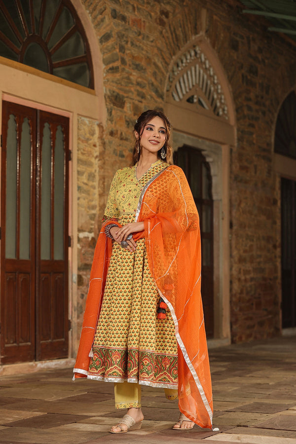 Fitrat Yellow Block Printed  Floral Anarkali Suit With Pant And Dupatta