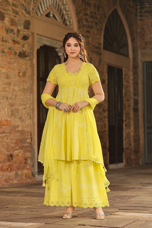 Basanti Yellow Brush Paint  Kurta With Sharara And Dupatta
