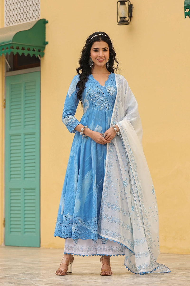 Noor Blue Brush Paint  Long Flared Kurta With Palazzo And Dupatta
