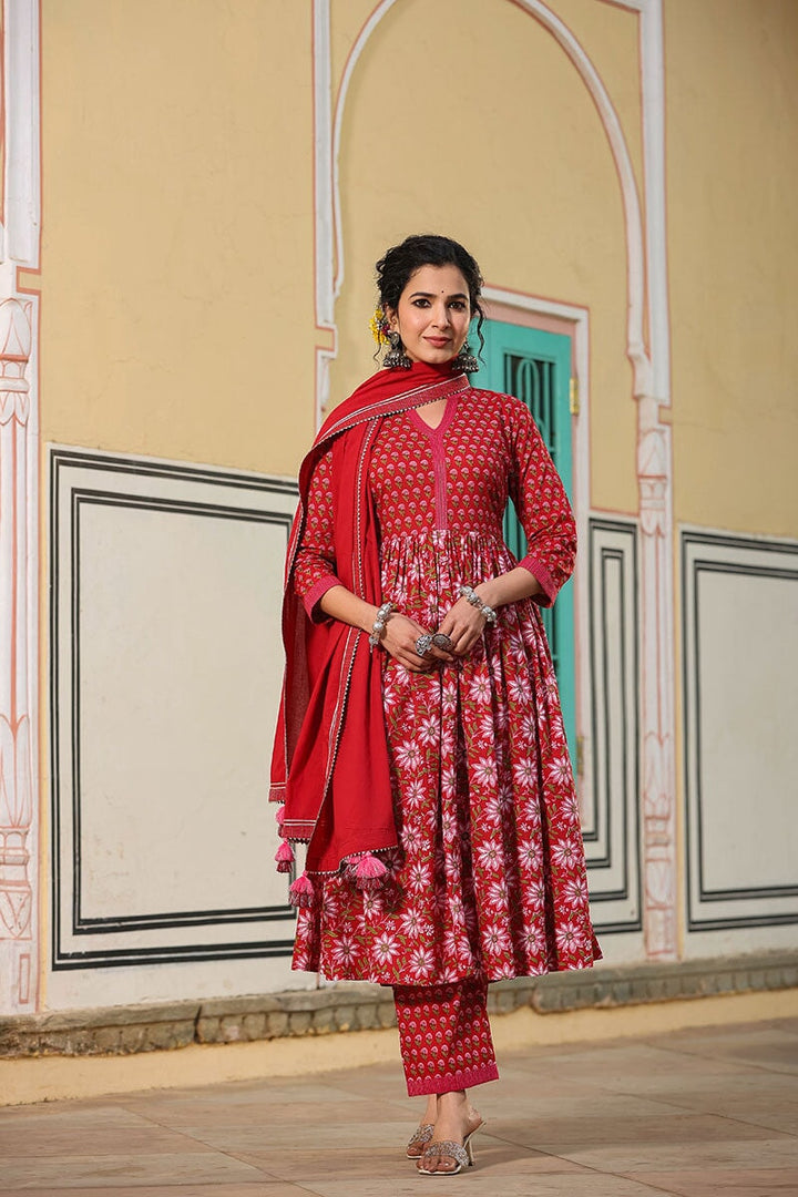 Madhubala Red Gathered Suit With Pant And Dupatta
