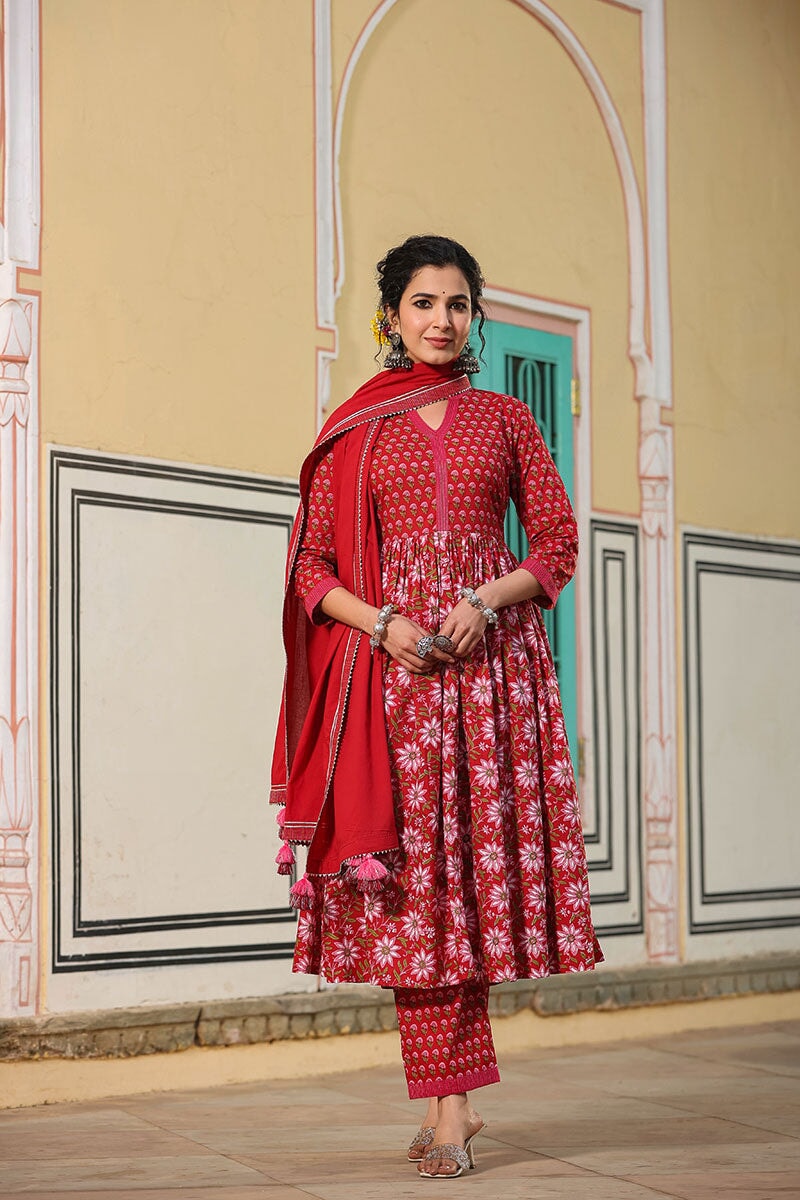 Madhubala Red Gathered Suit With Pant And Dupatta