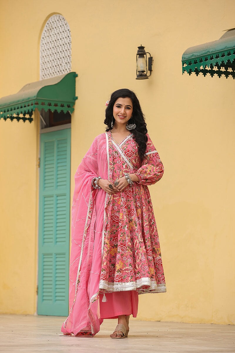 Mehar Anarkali Floral Printed Gathered Suit Set With Palazzo And Dupatta