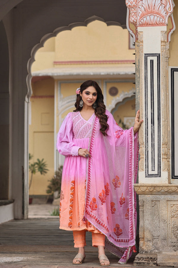 Falak Pink & Orange Ombré Block bedruckte ausgestellte lange Kurta mit Hose und Dupatta