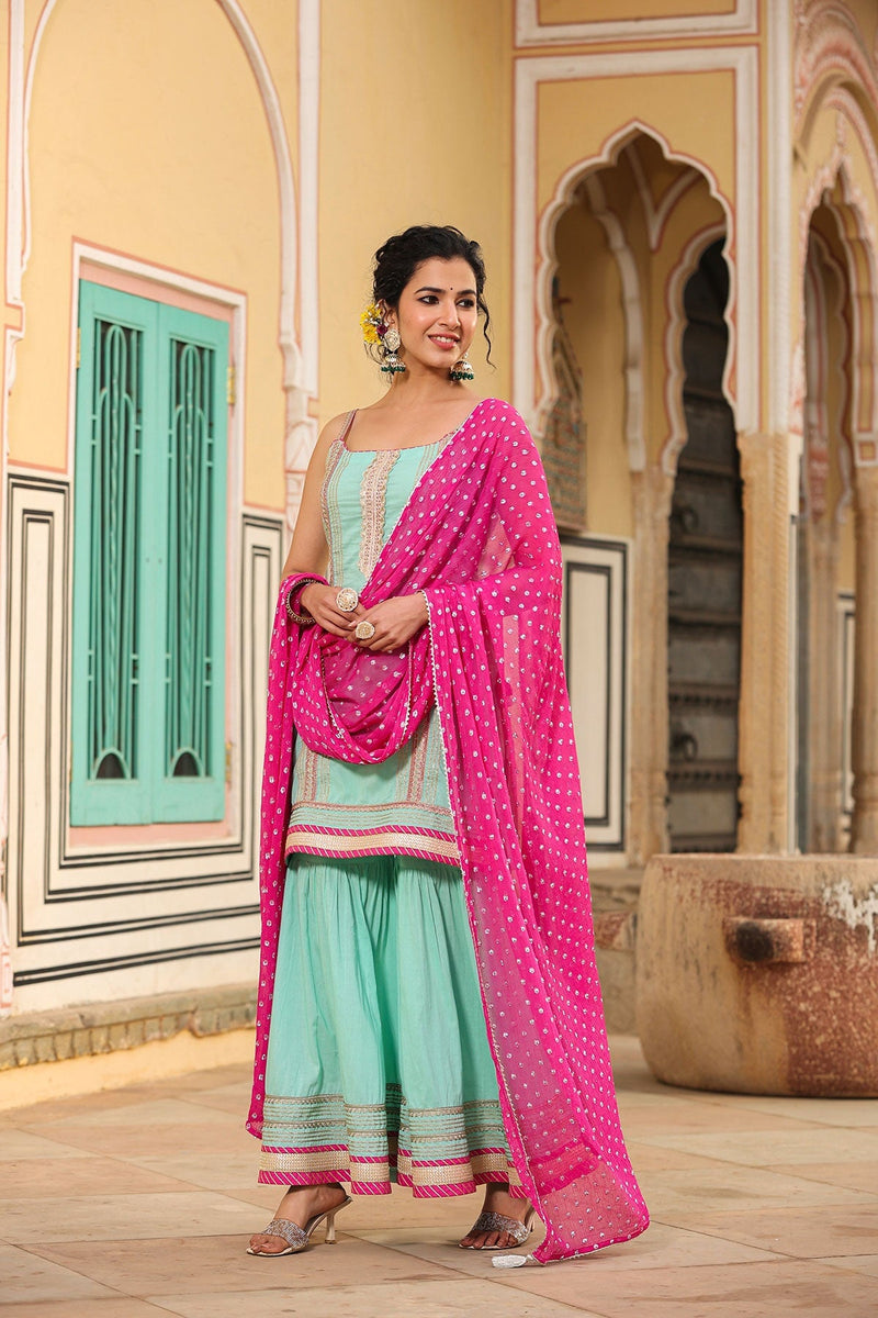 Aarika Sharara Contrasting Strappy  Lace Suit Kurta With  Sharara And Dupatta