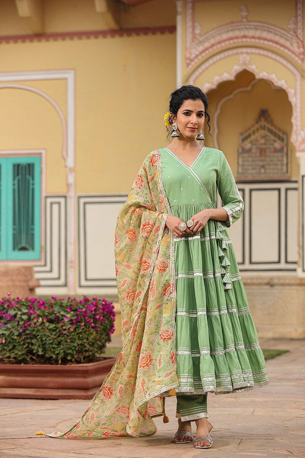 Zara Angrakha Solid Tiered Suit Set With Pant And Dupatta