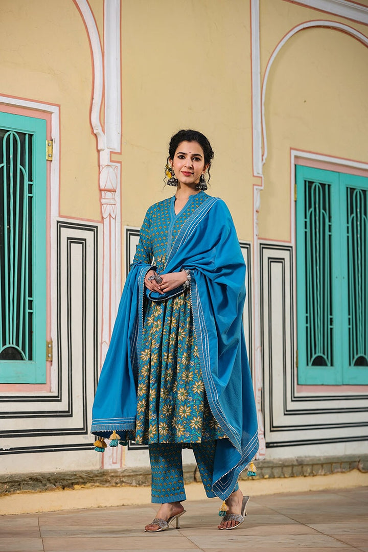 Waani Blue Gathered Suit With Pant And Dupatta
