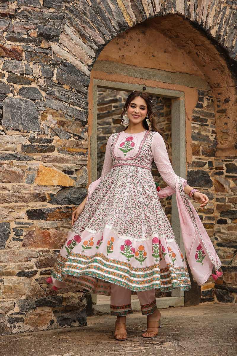 Sarah Pink Block Printed Floral Anarkali Suit With Pant And Dupatta