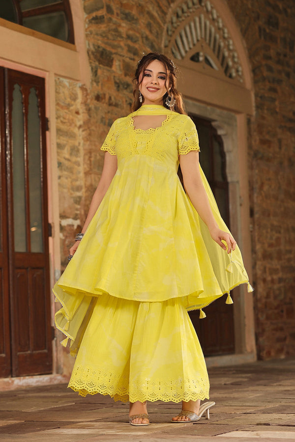 Basanti Yellow Brush Paint  Kurta With Sharara And Dupatta