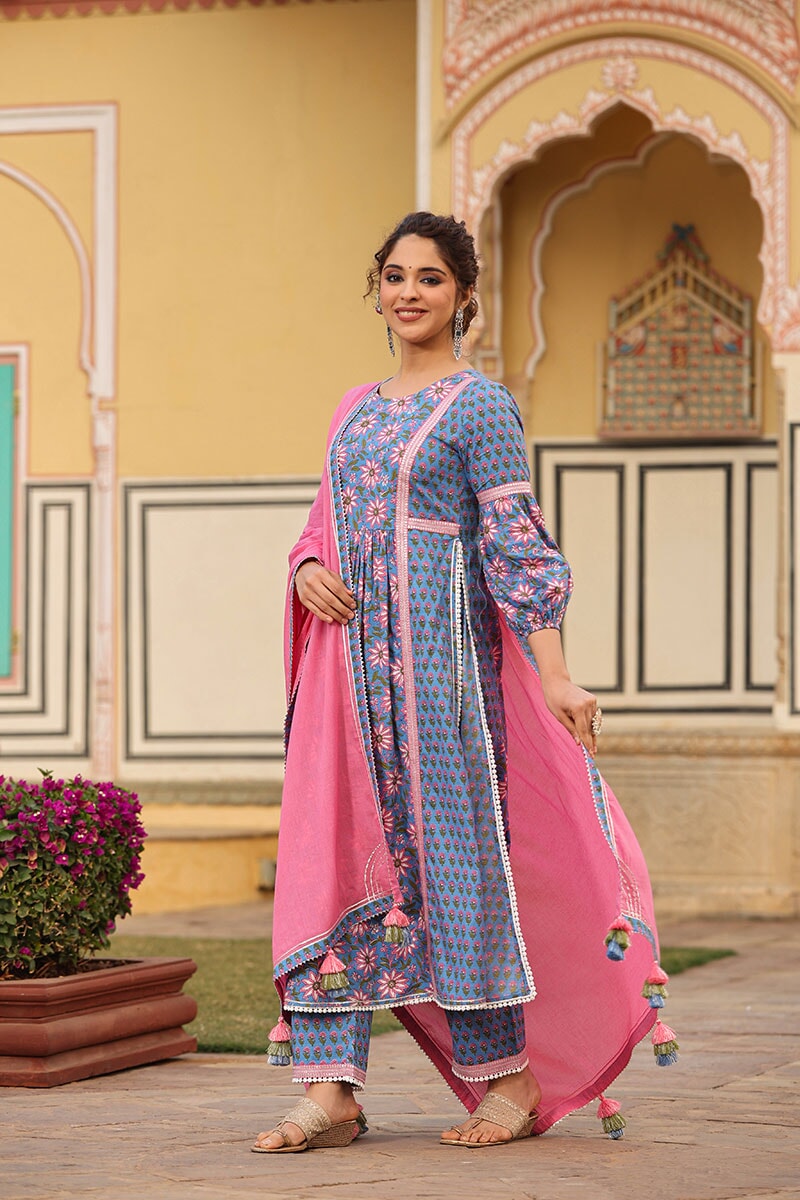 Malika Blue Floral High Slit Suit With Pant And Dupatta