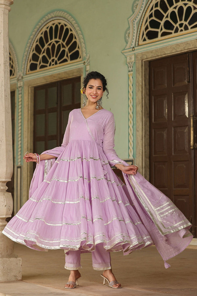 Qayamat Lavender Tiered Angrakha Gota Lace Kurta With Pant And Dupatta