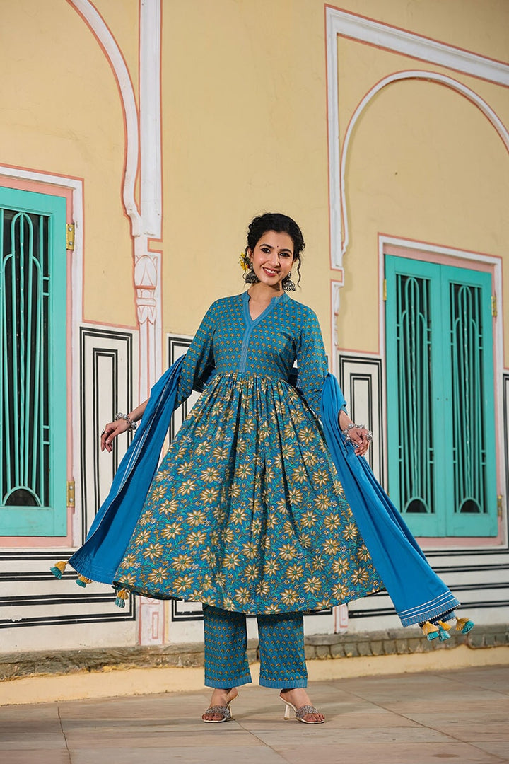 Waani Blue Gathered Suit With Pant And Dupatta