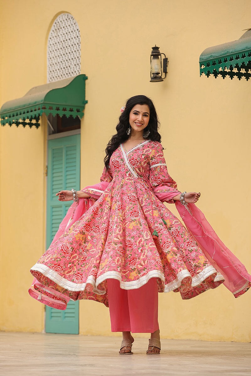 Mehar Anarkali Floral Printed Gathered Suit Set With Palazzo And Dupatta