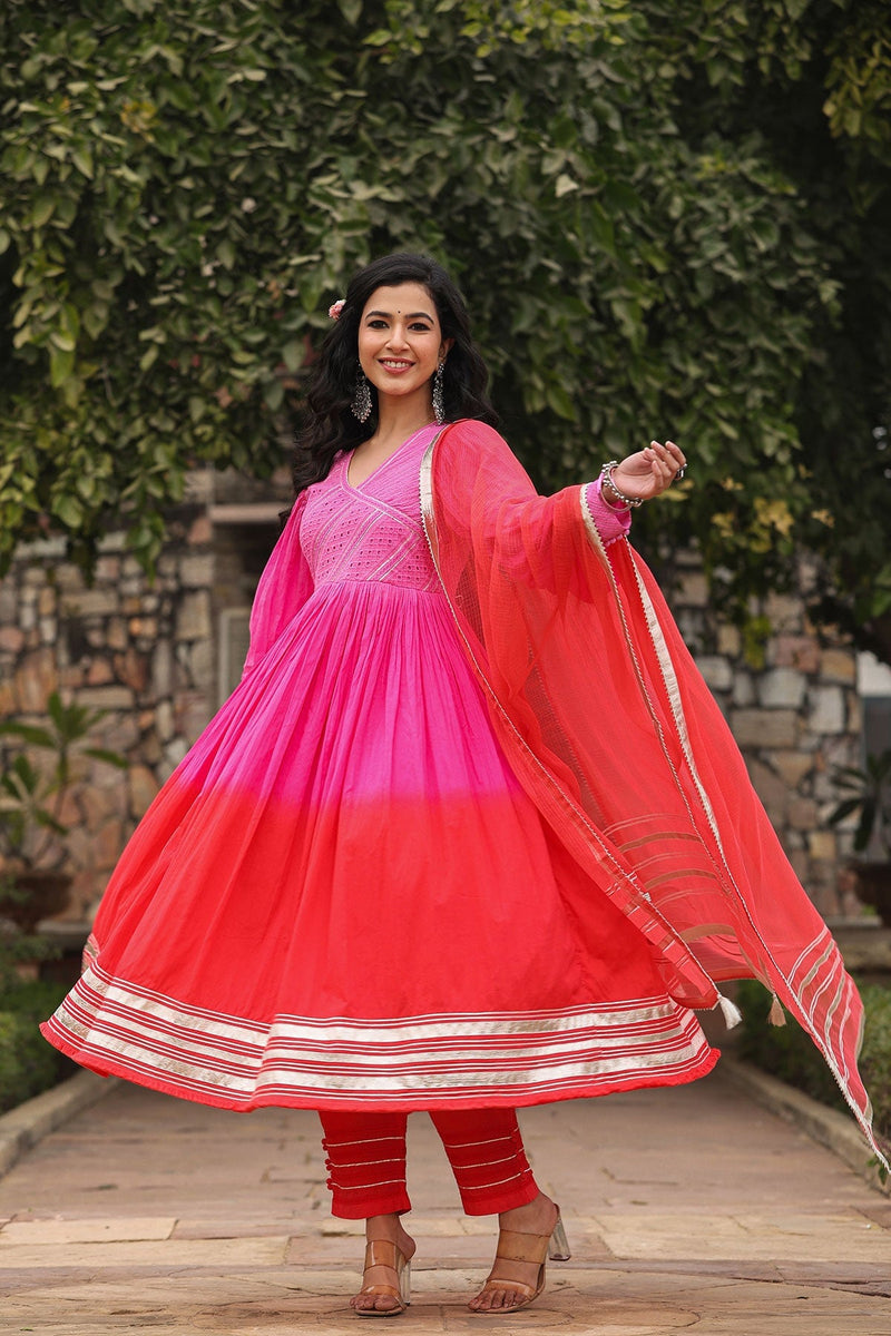 Karvi Red Pink Ombre Long Flared Gota Lace Kurta With Pant & Dupatta