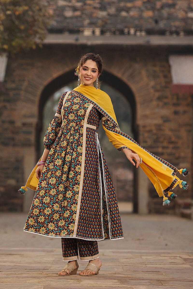 Veeda Brown  Floral High Slit Suit With Pant And Dupatta
