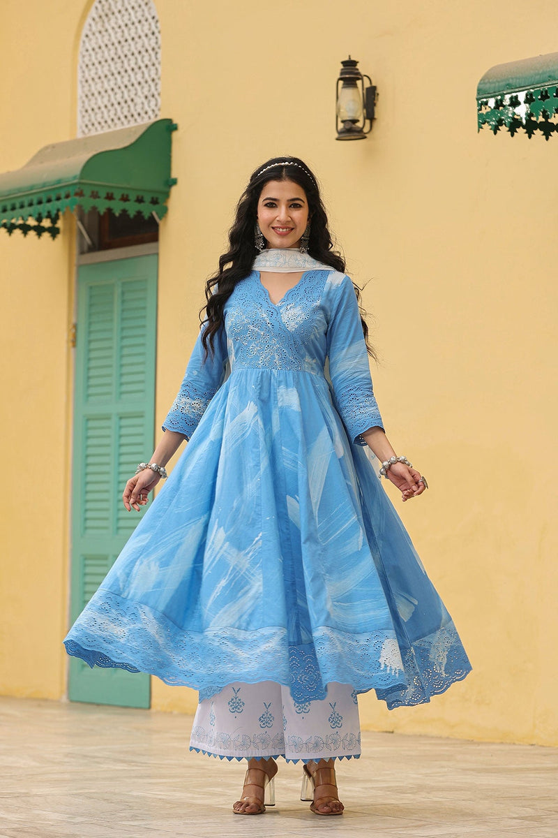 Noor Blue Brush Paint  Long Flared Kurta With Palazzo And Dupatta