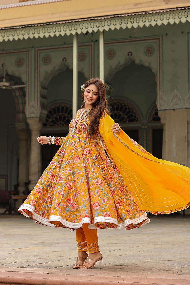 Inaya Yellow Floral Printed Anarkali Suit Set With Pant And Dupatta
