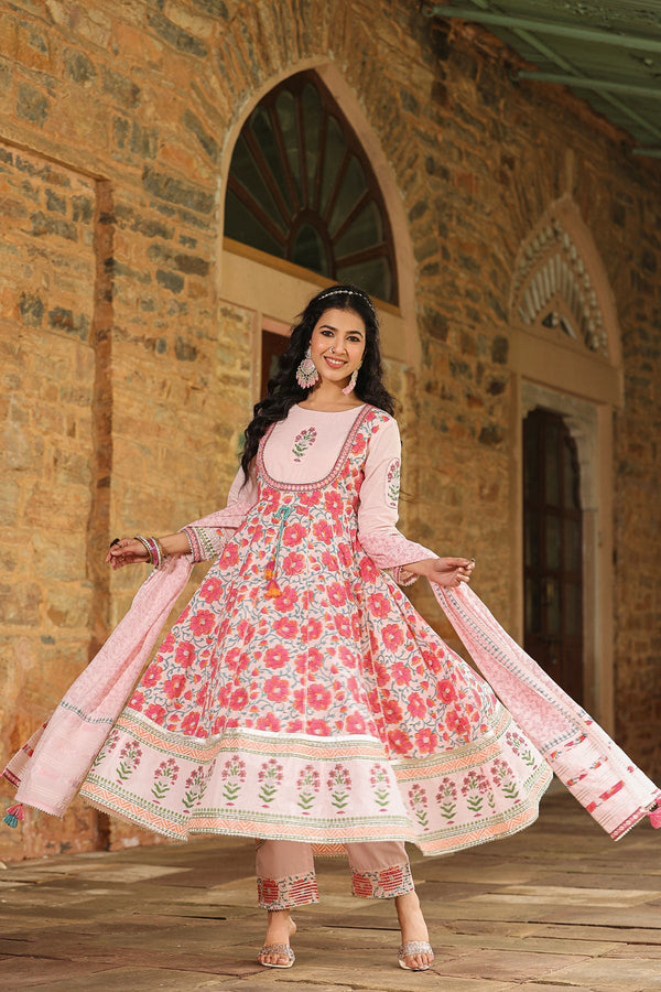 Dhwani Pink  Block Printed Floral Anarkali Suit With Pant And Dupatta