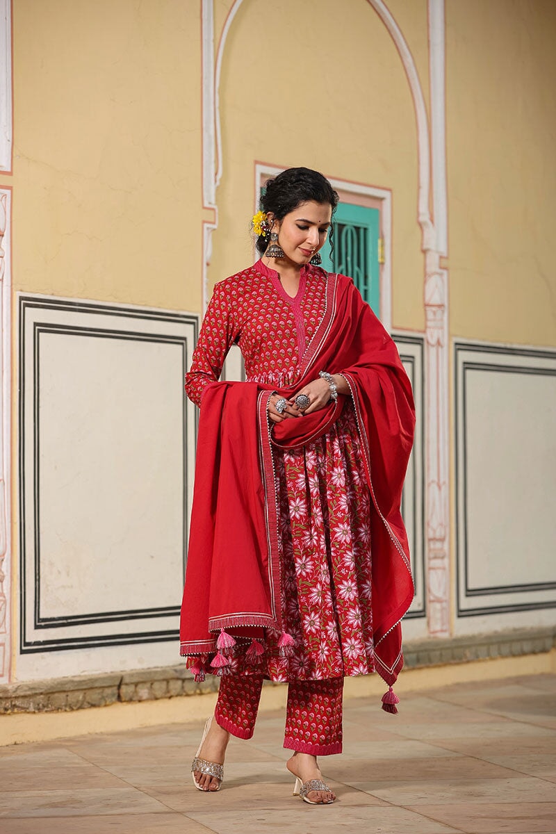 Madhubala Red Gathered Suit With Pant And Dupatta