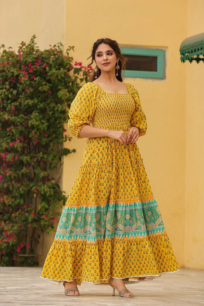 Haseena Block Printed  Tiered Long Dress