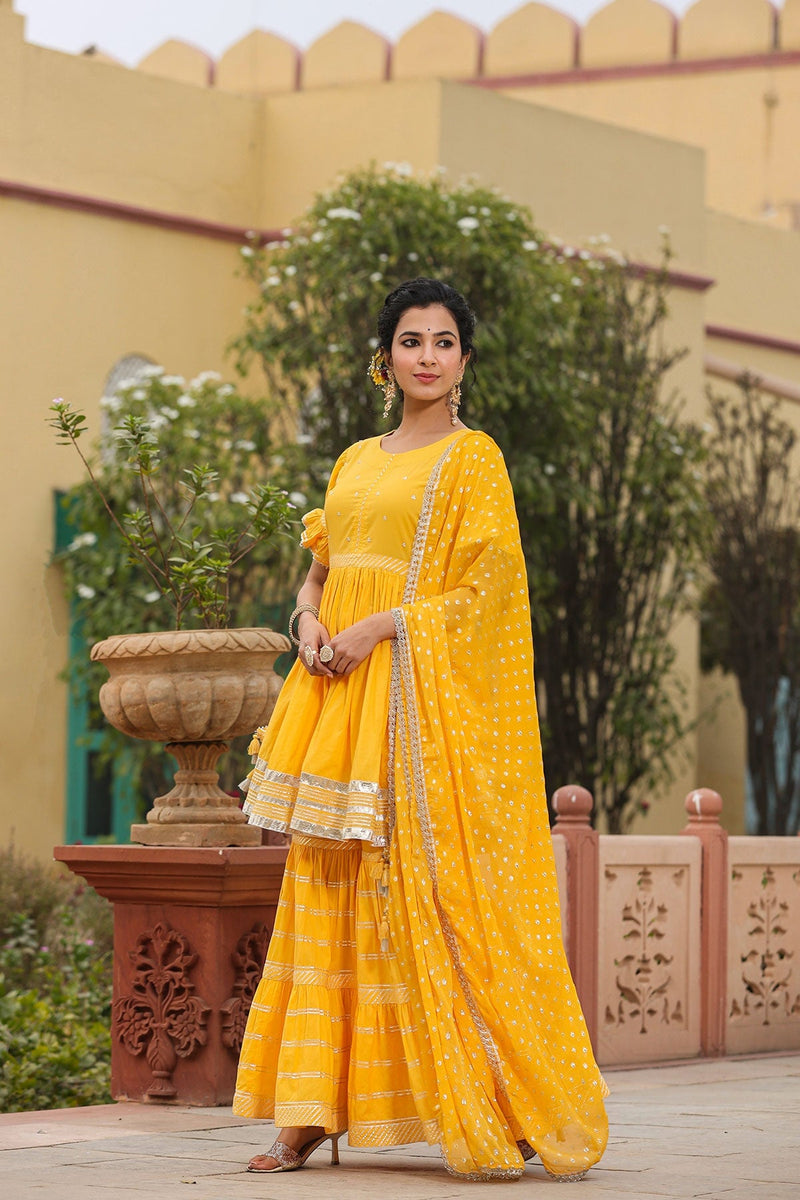 Baawari Yellow Gota Lace Kurta With Sharara And Dupatta