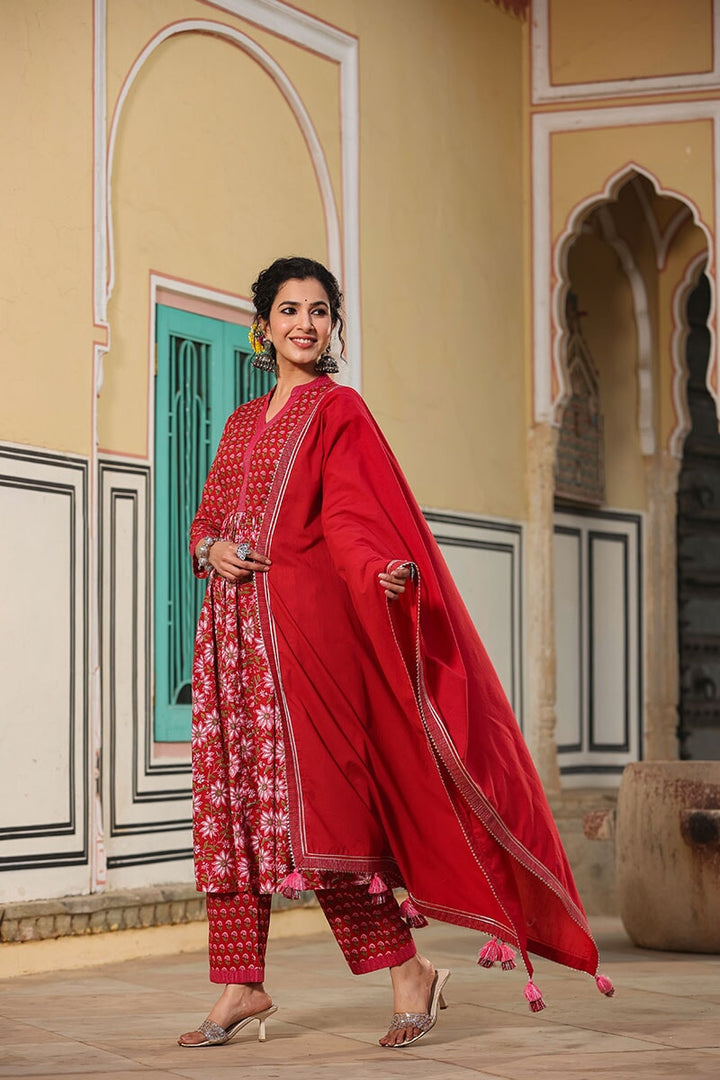 Madhubala Red Gathered Suit With Pant And Dupatta