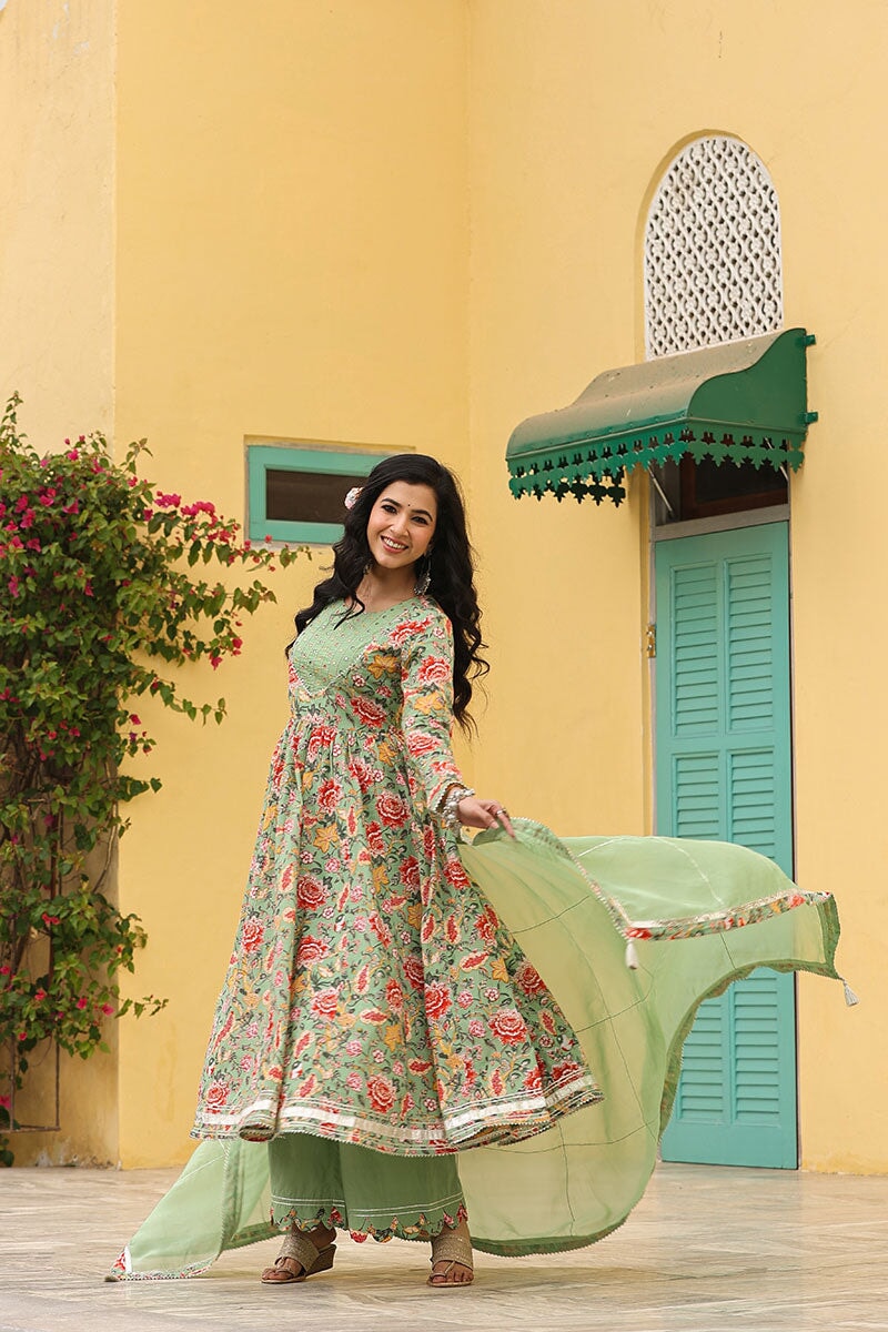 Iris Mint  Anarkali Floral Printed Gathered Suit Set With Palazzo And Dupatta