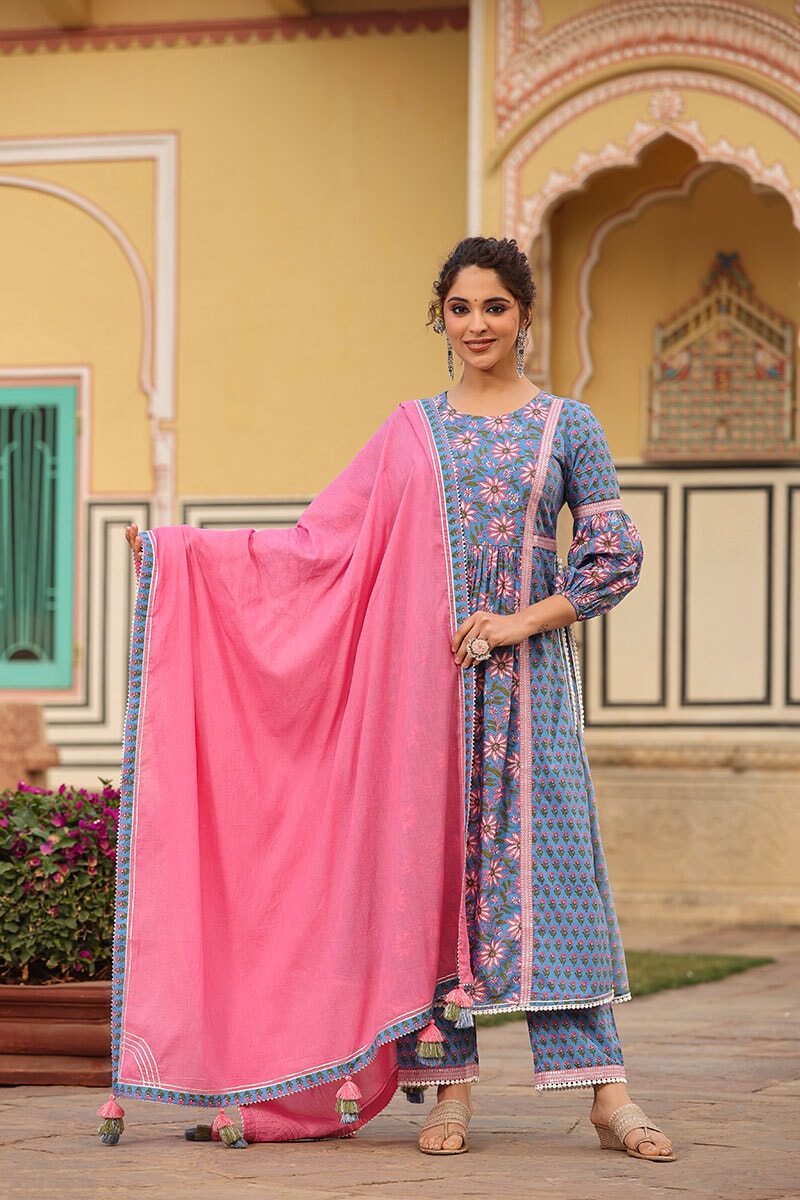 Malika Blue Floral High Slit Suit With Pant And Dupatta