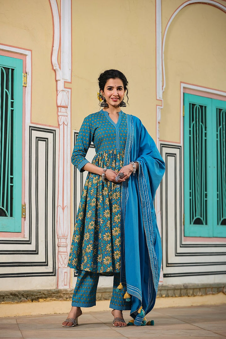 Waani Blue Gathered Suit With Pant And Dupatta
