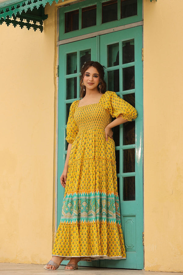 Haseena Block Printed  Tiered Long Dress