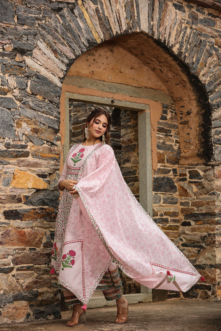 Sarah Pink Block Printed Floral Anarkali Suit With Pant And Dupatta