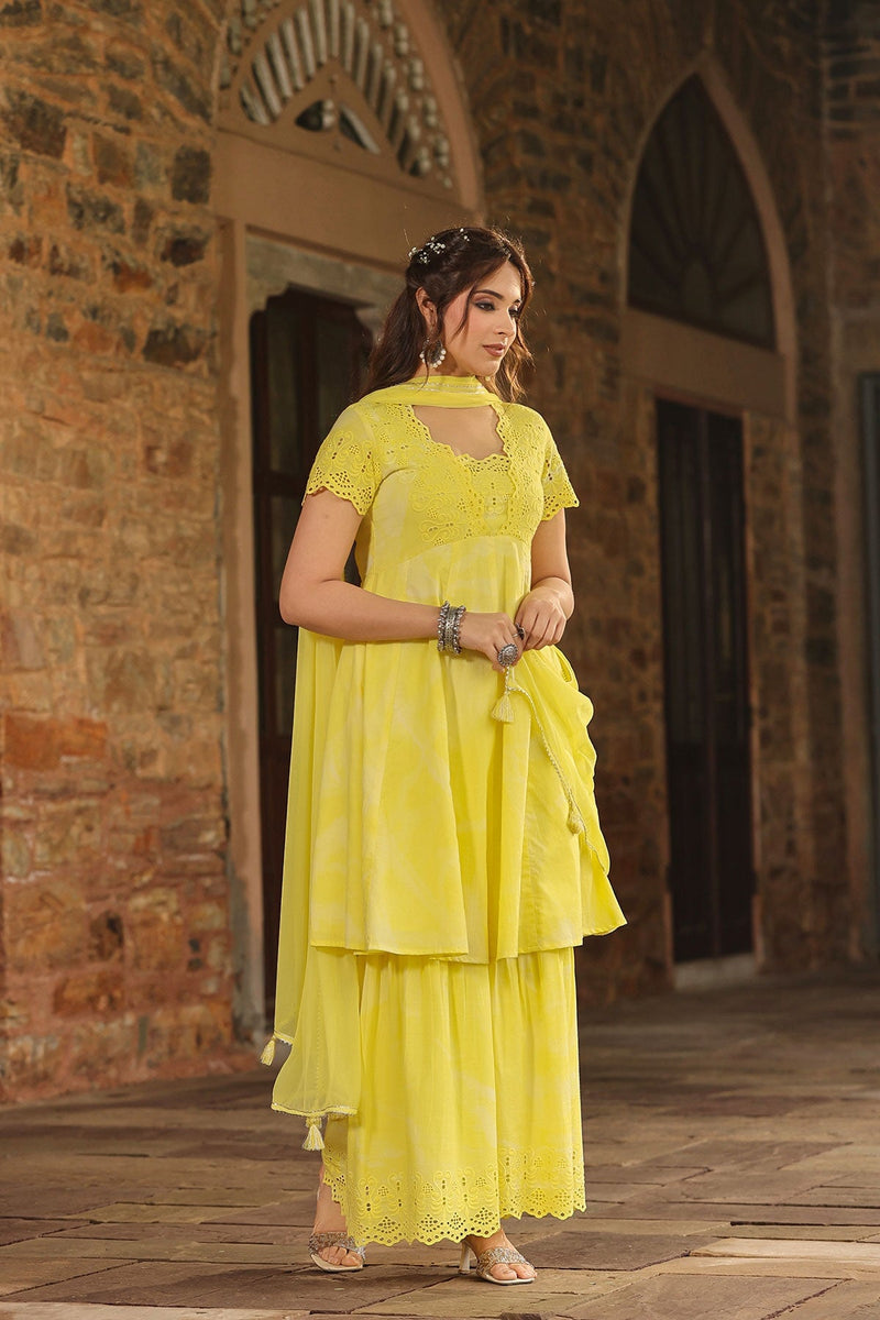 Basanti Yellow Brush Paint  Kurta With Sharara And Dupatta