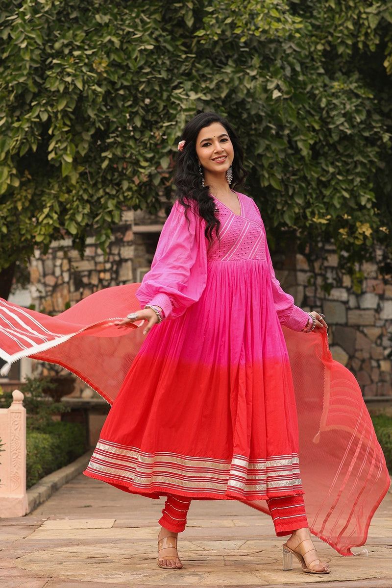 Karvi Red Pink Ombre Long Flared Gota Lace Kurta With Pant & Dupatta