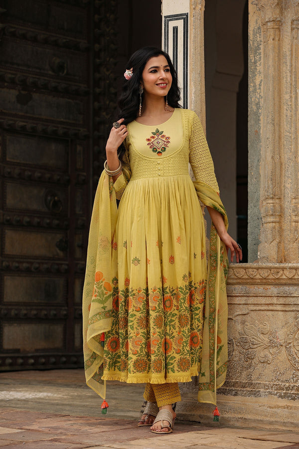 Agni Yellow Ombre Block Printed Flared Long Kurta With Pant And Dupatta