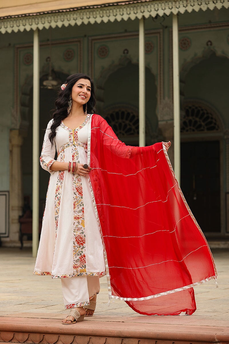 Eira White Alia Cut Paneled Long Flared Kurta With Pant And Dupatta