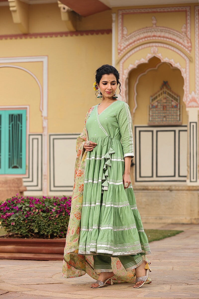 Zara Angrakha Solid Tiered Suit Set With Pant And Dupatta