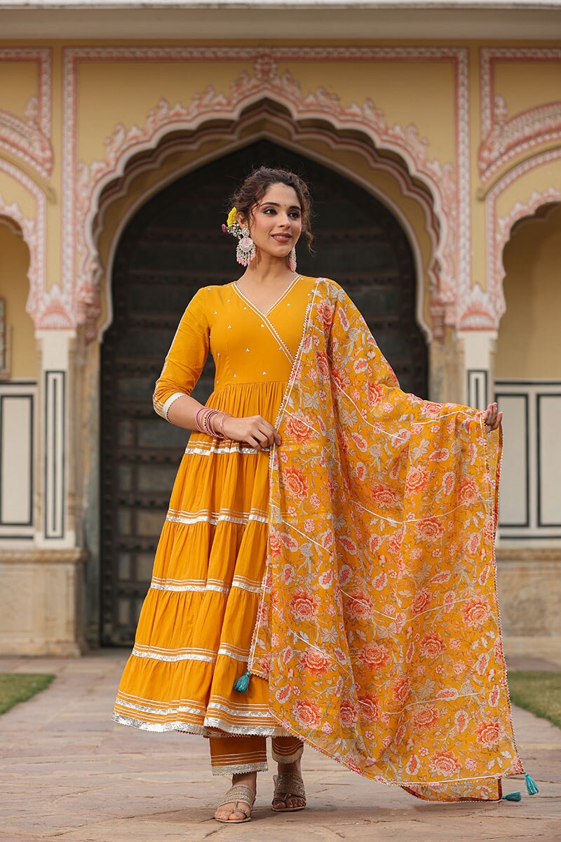 Tooba Angrakha Tiered Solid Suit Set With Pant And Dupatta
