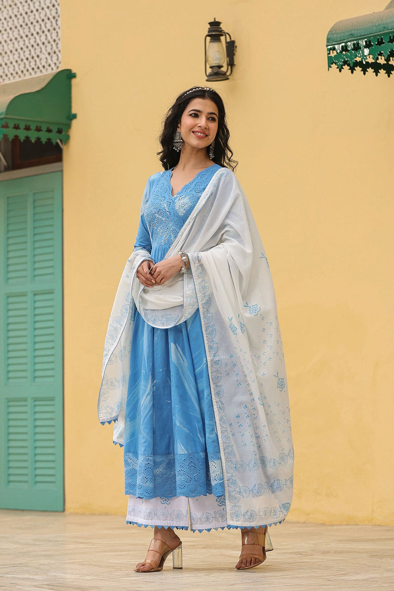 Noor Blue Brush Paint  Long Flared Kurta With Palazzo And Dupatta