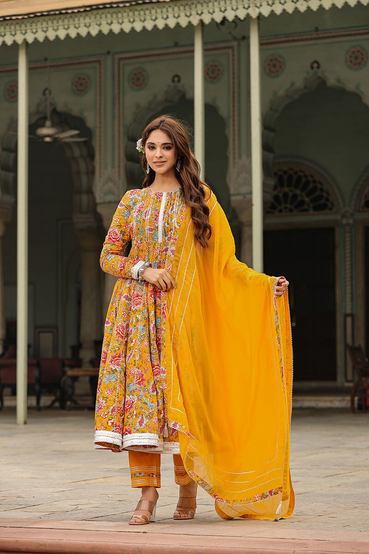 Inaya Yellow Floral Printed Anarkali Suit Set With Pant And Dupatta