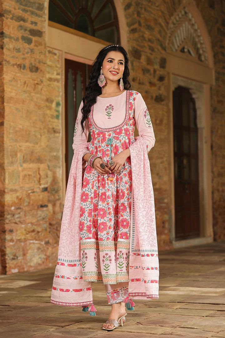 Dhwani Pink  Block Printed Floral Anarkali Suit With Pant And Dupatta