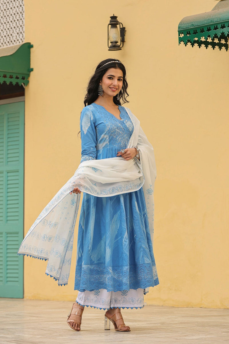Noor Blue Brush Paint  Long Flared Kurta With Palazzo And Dupatta