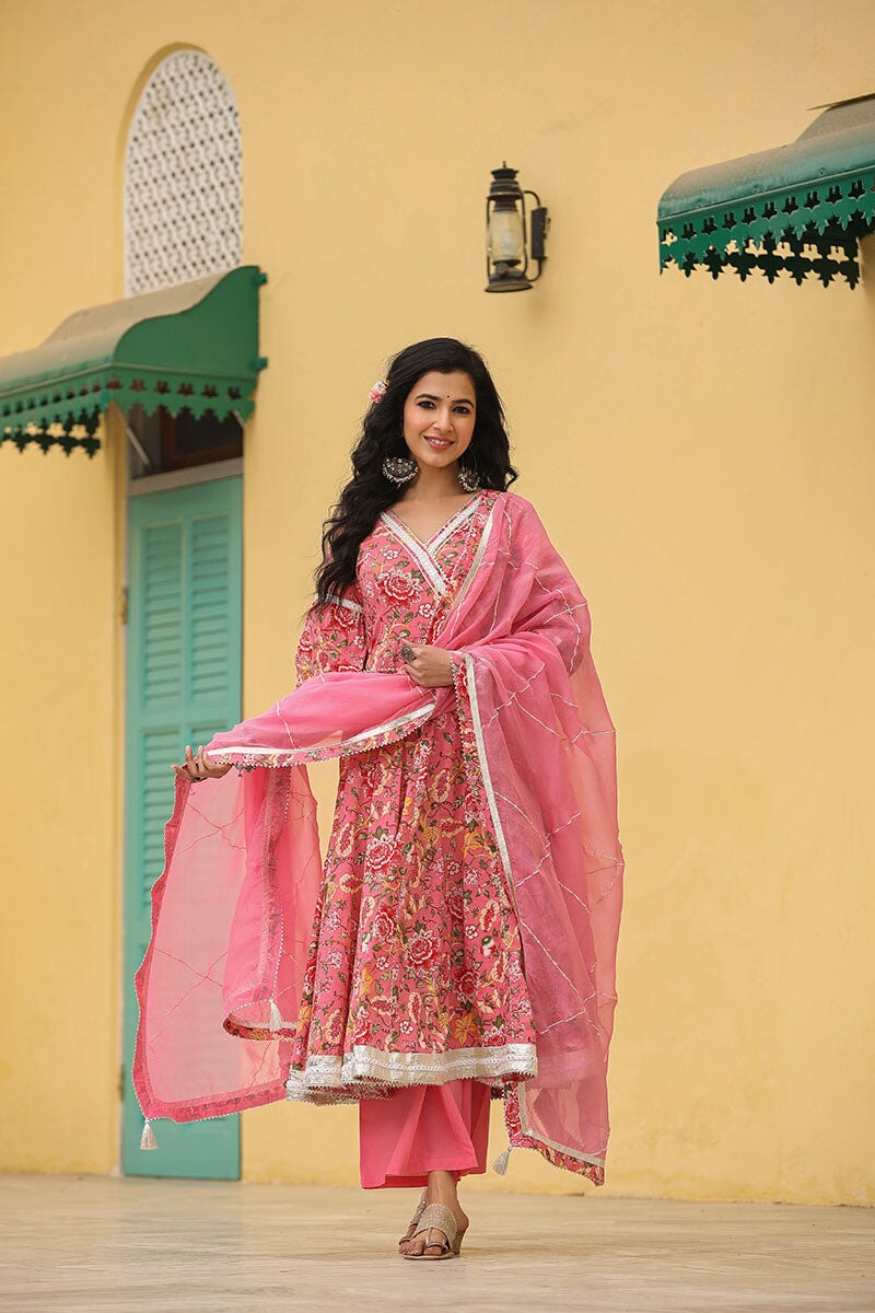 Mehar Anarkali Floral Printed Gathered Suit Set With Palazzo And Dupatta