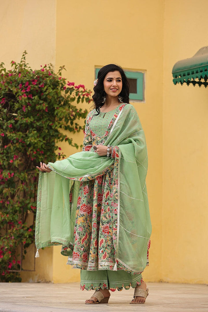Iris Mint  Anarkali Floral Printed Gathered Suit Set With Palazzo And Dupatta