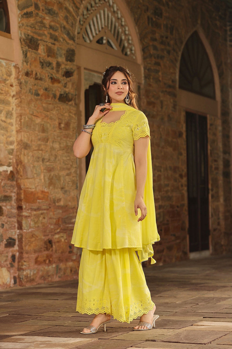 Basanti Yellow Brush Paint  Kurta With Sharara And Dupatta